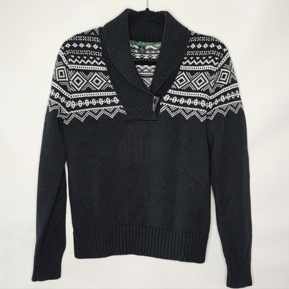 Ralph Lauren Fair Isle‎ Sweater Size M Cotton Black and White Pullover Chunky